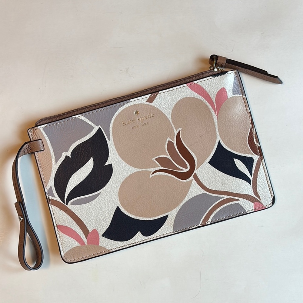 Kate Spade Abstract Floral Wristlet Wallet Small Bag - Cream, Brown, Pink